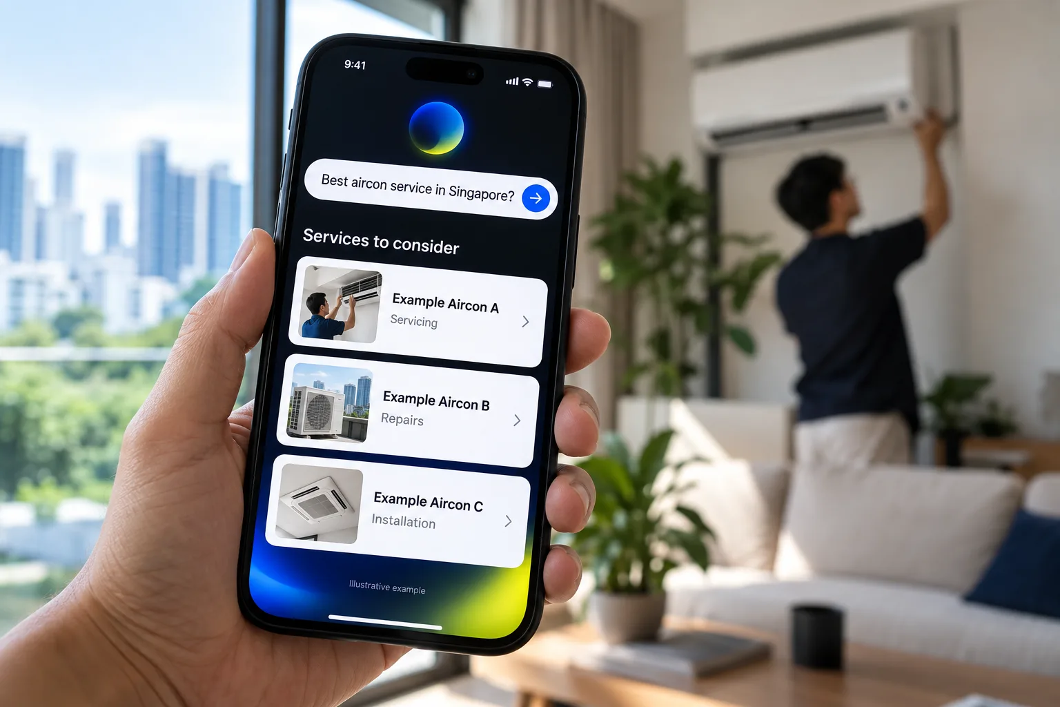 A hand holding a phone showing an illustrative aircon search result.