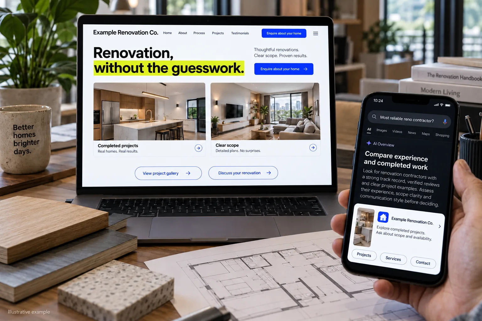 A renovation website and a hand-held phone showing an illustrative contractor search.